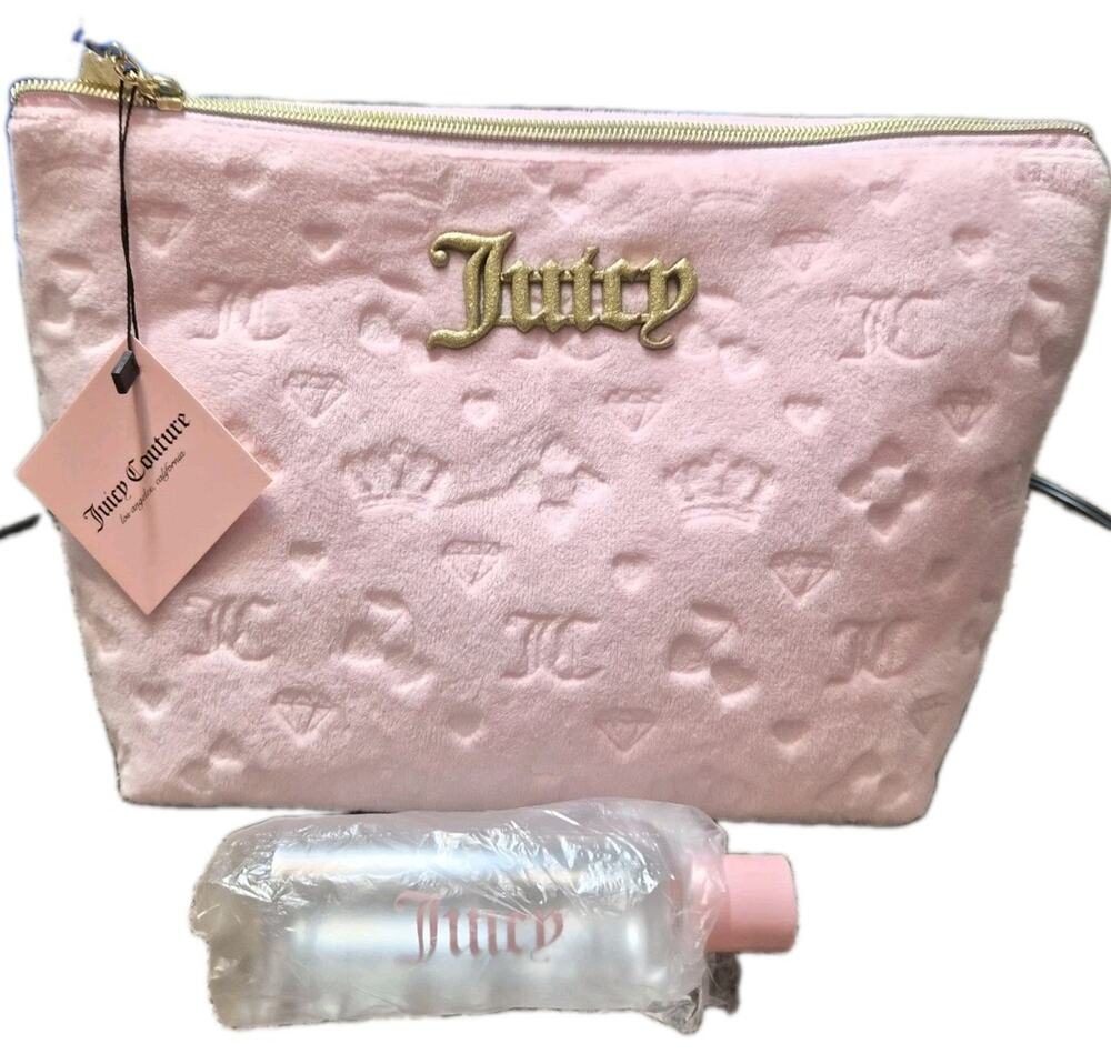 Juicy Couture Pink Velour Embossed Rose Crown Logo Cosmetic Bag + Travel Bottle